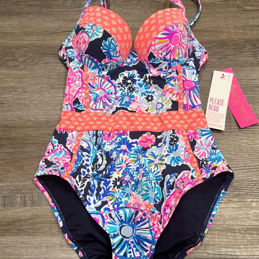 Lilly Pulitzer Palma One Piece High Tide Navy in Turtle Amazement Swimsuit